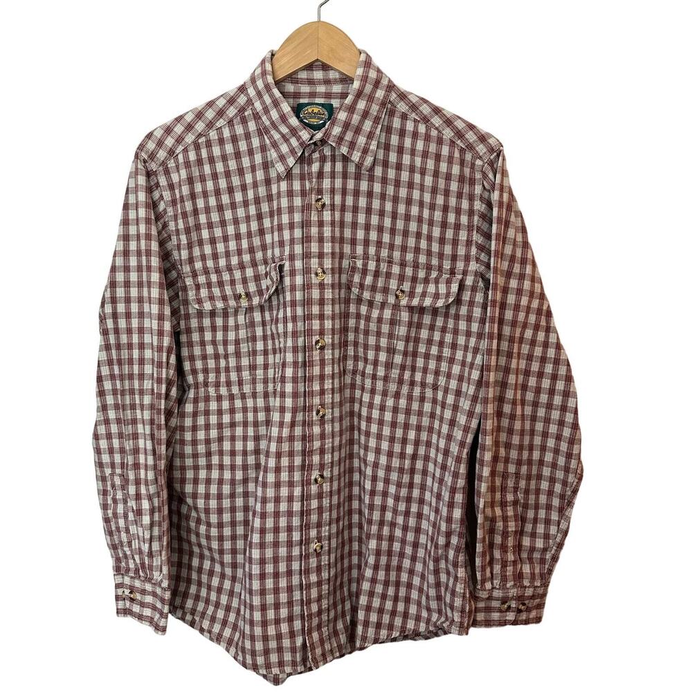 Cabela's Outdoor Gear Mens Shirt Size Large‎ Plaid Check Red Cream 100% Cotton